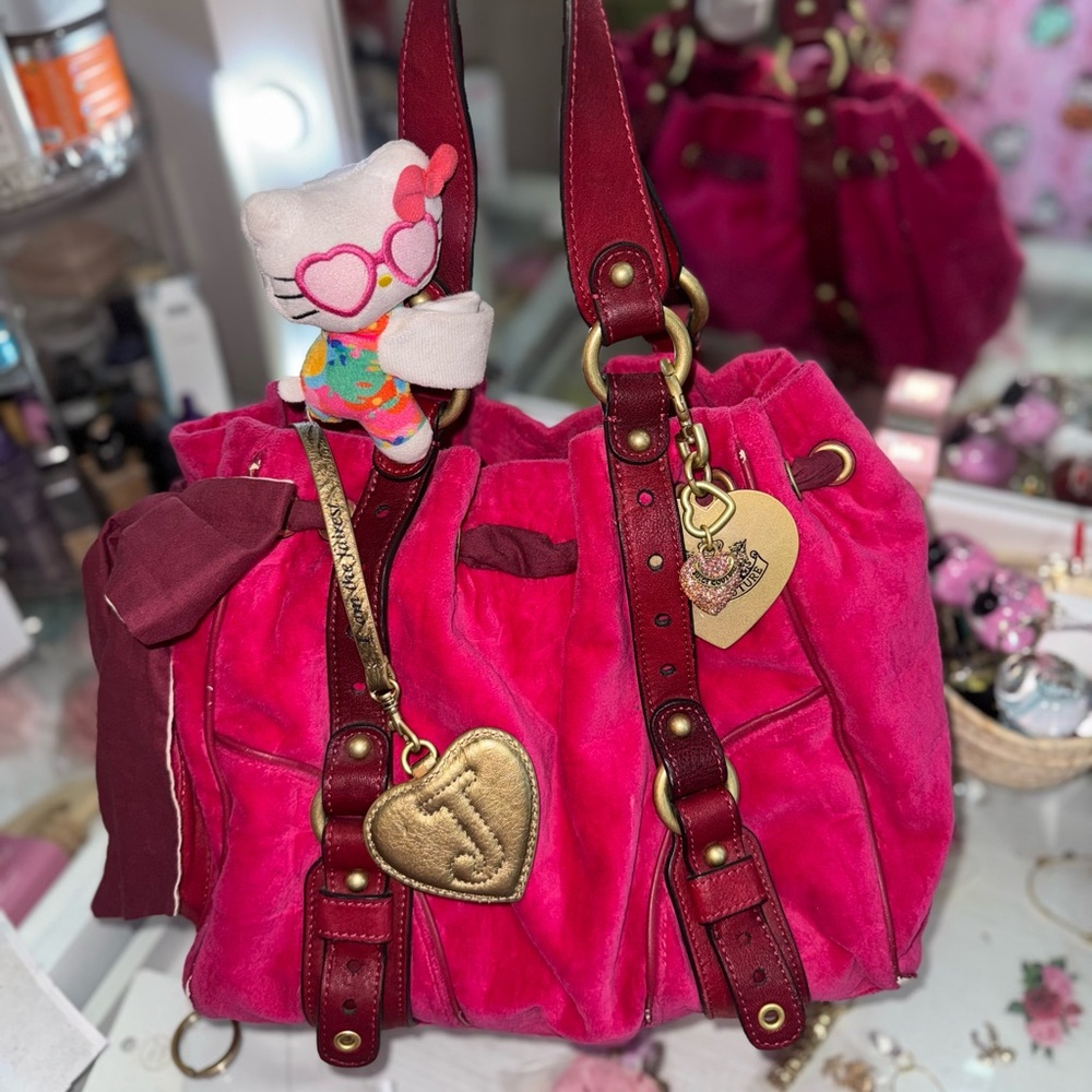Vintage Juicy Couture Satchel Bag Hot pink Velour Embossed Y2K Hobo Shoulder bag